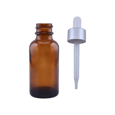 30 ml (1 oz) Amber Boston Round Glass Bottle with 20-400 Matte Silver Non-CRC Dropper – Straight Tip Glass Pipette