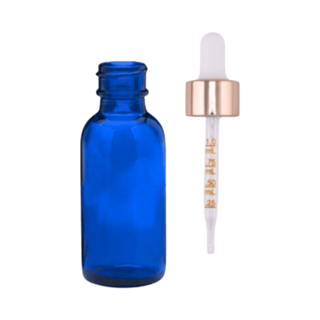 30 ml (1 oz) Cobalt Blue Boston Round Glass Bottle with 20-400 Rose Gold Non-CRC Dropper – Graduated Glass Pipette