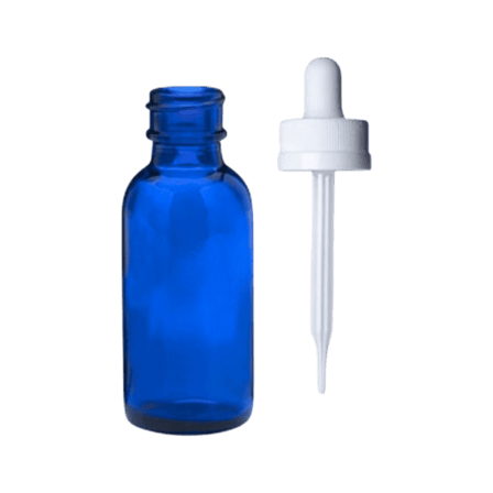 30 ml (1 oz) Cobalt Blue Boston Round Glass Bottle with 20-400 White CRC Dropper – Straight Tip Glass Pipette