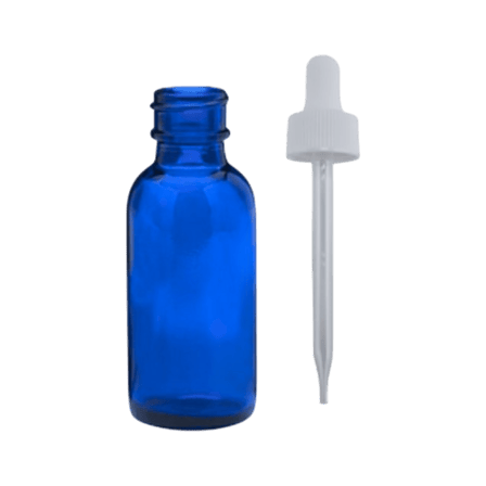 30 ml (1 oz) Cobalt Blue Boston Round Glass Bottle with 20-400 White Non-CRC Dropper – Straight Tip Glass Pipette