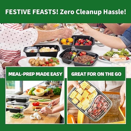 Family enjoying festive meal-prep with 30 oz black 2-compartment rectangular plastic food containers with lids.jpg