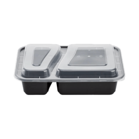 30 oz. Black 2-compartment rectangular microwavable heavy weight plastic food container with lid.png
