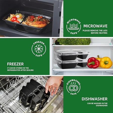 30 oz Black 2-compartment rectangular plastic food containers with lids shown being microwaved, frozen, and washed.jpg