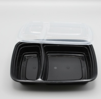 32 oz 2-Compartment Black Microwavable PP Plastic Rectangular Food Container with Clear Lid - (150/Case) - Thumbnail 2