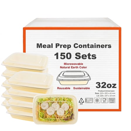 32 oz Beige Microwavable Rectangular PP Plastic Food Container with Clear Lid - (150/Case) - Image 1 of 6
