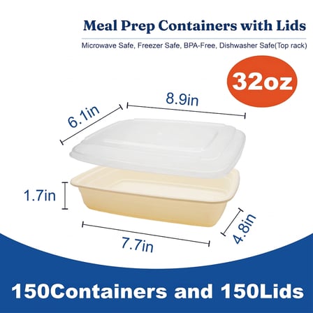32 oz Beige Microwavable Rectangular PP Plastic Food Container with Clear Lid - (150/Case) - Thumbnail 2
