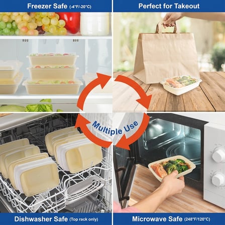 32 oz Beige Microwavable Rectangular PP Plastic Food Container with Clear Lid - (150/Case) - Thumbnail 3