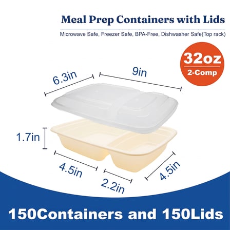 32 oz Beige Microwavable Rectangular PP Plastic Food Container with Clear Lid, 2-Compartment - (150/Case) - Thumbnail 2