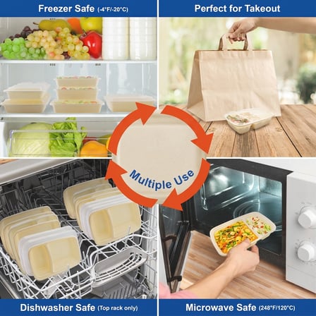 32 oz Beige Microwavable Rectangular PP Plastic Food Container with Clear Lid, 2-Compartment - (150/Case) - Thumbnail 3
