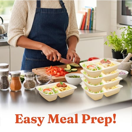 32 oz Beige Microwavable Rectangular PP Plastic Food Container with Clear Lid, 2-Compartment - (150/Case) - Thumbnail 4