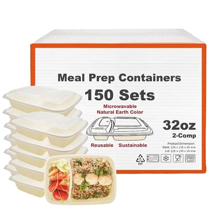 32 oz Beige Microwavable Rectangular PP Plastic Food Container with Clear Lid, 2-Compartment - (150/Case) - Thumbnail 5
