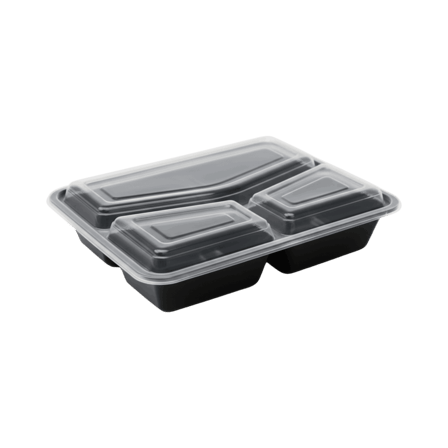 32 oz. Black 3-compartment rectangular microwavable heavy weight plastic food container with lid.png