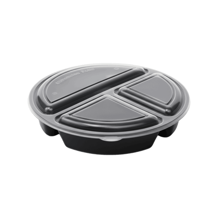 32 oz. Black 3-compartment round microwavable heavy weight plastic food container with lid.png