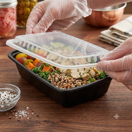 32 Ounce Black Rectangular Microwavable Container With Food and Lid.jpg