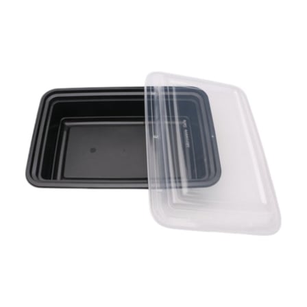 32-ounce black rectangular plastic meal prep container with clear snap-on lid.jpg