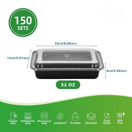 32 Ounces Black Rectangular Microwavable Plastic Food Container with Lid Showing with Dimensions.jpg