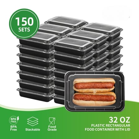 Case of 32 Ounces Black Rectangular Microwavable Plastic Food Containers with Lids.jpg