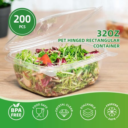 32 oz. Clear PET hinged deli container filled with green salad.jpg