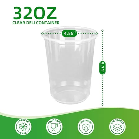 32 Ounces Clear PP Plastic Deli Container Shown with Dimensions.jpg