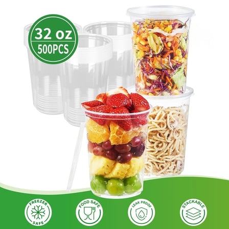32 Ounces clear deli containers with lids, shown with fresh food and 500-piece packaging..jpg