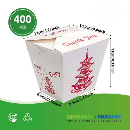 32 oz. Pagoda Print White Chinese Microwavable Paper Take Out Containers - (400/Case)