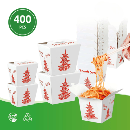 32 oz. Pagoda Print White Chinese Microwavable Paper Take Out Containers - (400/Case)