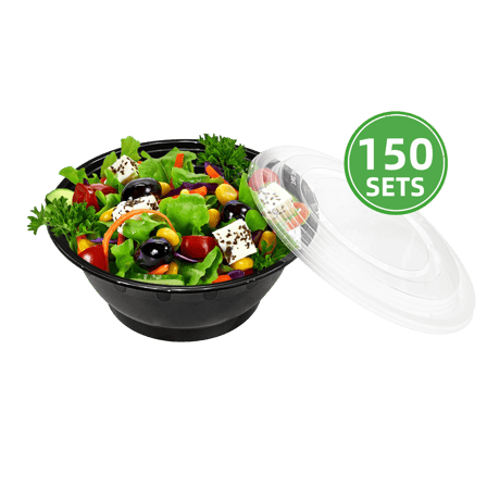 32 oz. Black Round Plastic Bowls with Lids - (150/Case)