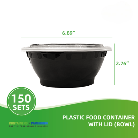 32 oz. Black Round Plastic Bowls with Lids - (150/Case)