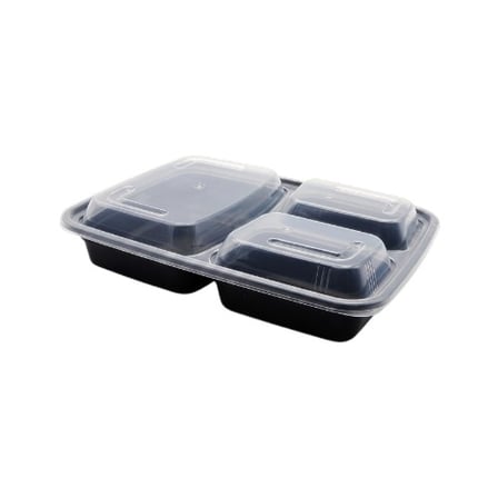 33 Ounces 3-Compartment Black Microwavable PP Plastic Rectangular Food Container with Clear Lid - (150Case).jpg