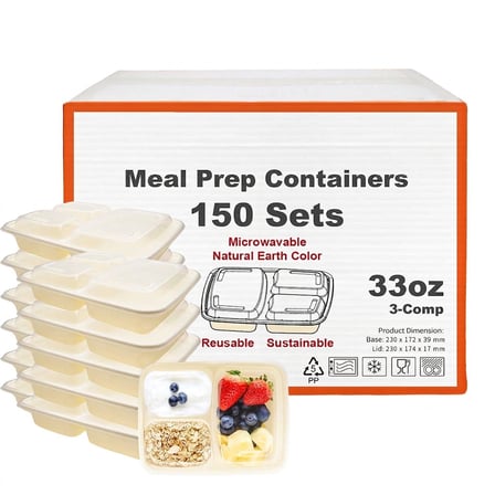 33 oz Beige Microwavable Rectangular PP Plastic Food Container with Clear Lid, 3-Compartment - (150/Case) - Image 1 of 6