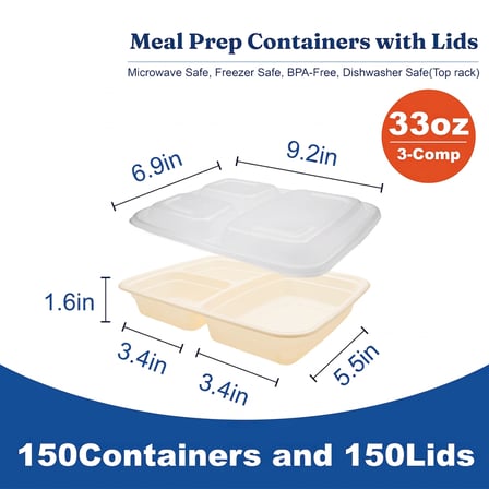 33 oz Beige Microwavable Rectangular PP Plastic Food Container with Clear Lid, 3-Compartment - (150/Case) - Thumbnail 2