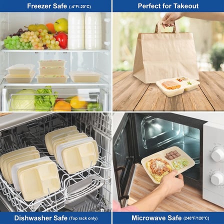 33 oz Beige Microwavable Rectangular PP Plastic Food Container with Clear Lid, 3-Compartment - (150/Case) - Thumbnail 3