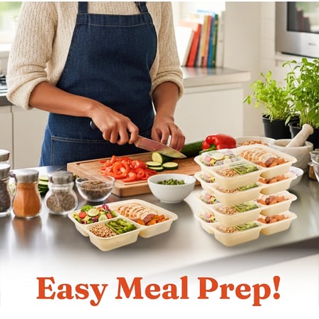 33 oz Beige Microwavable Rectangular PP Plastic Food Container with Clear Lid, 3-Compartment - (150/Case) - Thumbnail 4