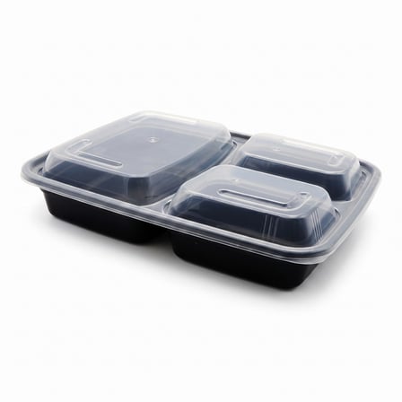 33 oz Black Microwavable Rectangular PP Plastic Food Container with Clear Lid, 3-Compartment - (150/Case) - Image 1 of 1