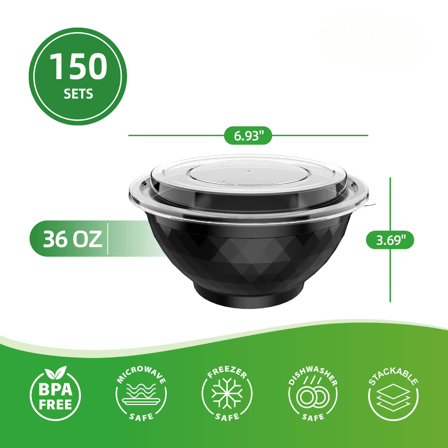 36 oz. Black Round Microwavable Heavy Weight Plastic Bowls with Lids - (150/Case)