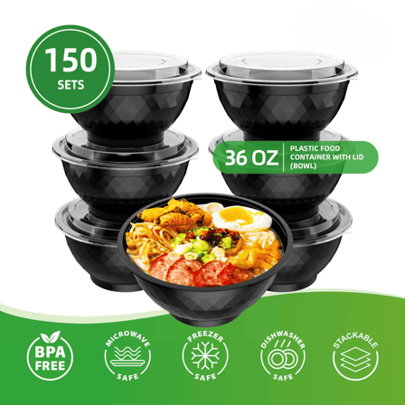 36 oz. Black Round Microwavable Heavy Weight Plastic Bowls with Lids - (150/Case)