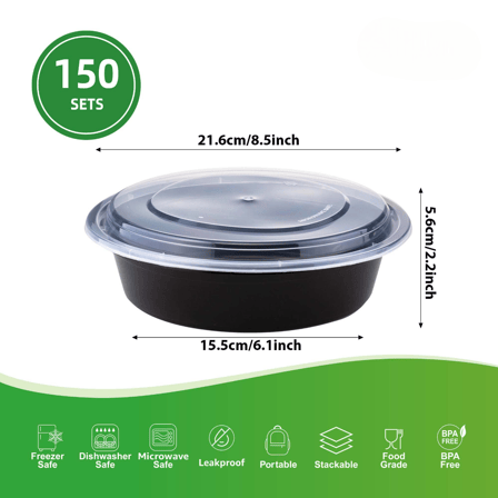37 oz. Black Round Microwavable Heavy Weight Plastic Food Containers with Lids - (150/Case)