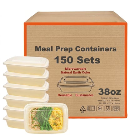 38 oz Beige Microwavable Rectangular PP Plastic Food Container with Clear Lid - (150/Case) - Thumbnail 1