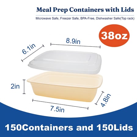 38 oz Beige Microwavable Rectangular PP Plastic Food Container with Clear Lid - (150/Case) - Thumbnail 2