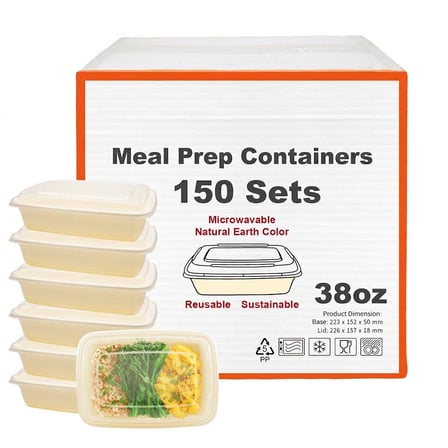 38 oz Beige Microwavable Rectangular PP Plastic Food Container with Clear Lid - (150/Case) - Thumbnail 6