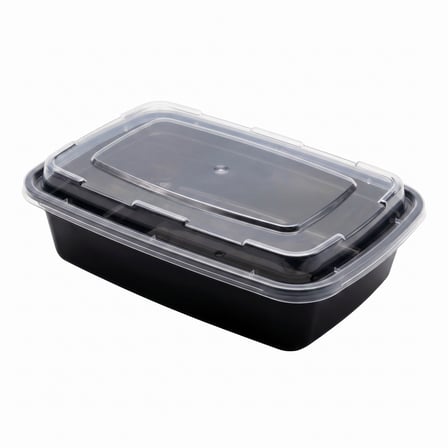 38 oz Black Microwavable Rectangular PP Plastic Food Container with Clear Lid - (150/Case) - Image 1 of 1