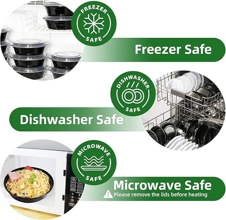 Stackable black round microwavable plastic food containers shown as freezer, dishwasher, and microwave safe.jpg