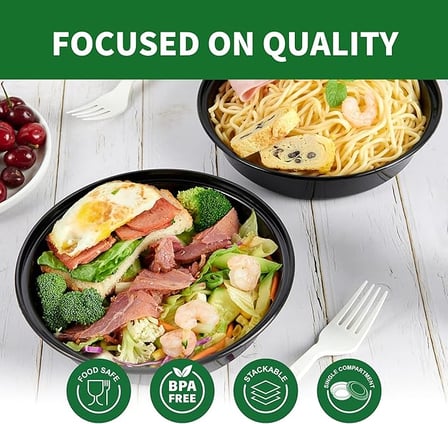 Fresh pasta and salad served in 38 oz Black round microwavable plastic food container with lid.jpg