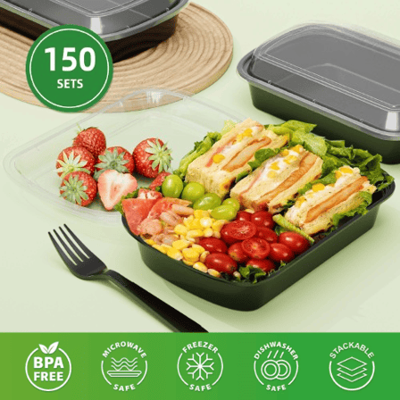 38 oz. Black Rectangular Microwavable Heavy Weight Plastic Food Containers with Lids - (150/Case)