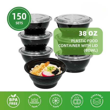 38 oz. Black Round Microwavable Heavy Weight Plastic Bowl with Lid - (150/Case)