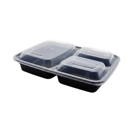 39 Ounces 3-Compartment Black Microwavable PP Plastic Rectangular Food Container with Clear Lid - (150Case).jpg