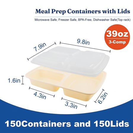 39 oz Beige Microwavable Rectangular PP Plastic Food Container with Clear Lid, 3-Compartment - (150/Case) - Thumbnail 2