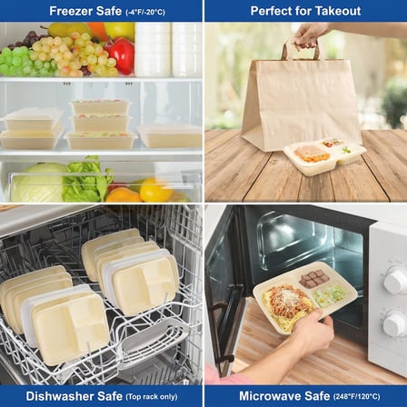 39 oz Beige Microwavable Rectangular PP Plastic Food Container with Clear Lid, 3-Compartment - (150/Case) - Thumbnail 3