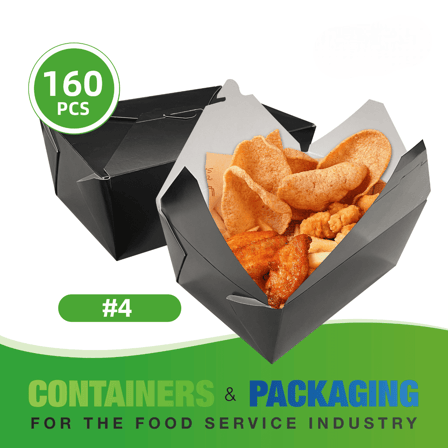 #4 Black Microwavable Folded Paper Take-Out Containers 8.5" x 6.25" x 3.5" - (160/Case)