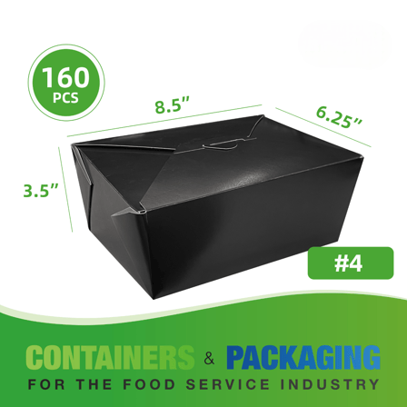 #4 Black Microwavable Folded Paper Take-Out Containers 8.5" x 6.25" x 3.5" - (160/Case)